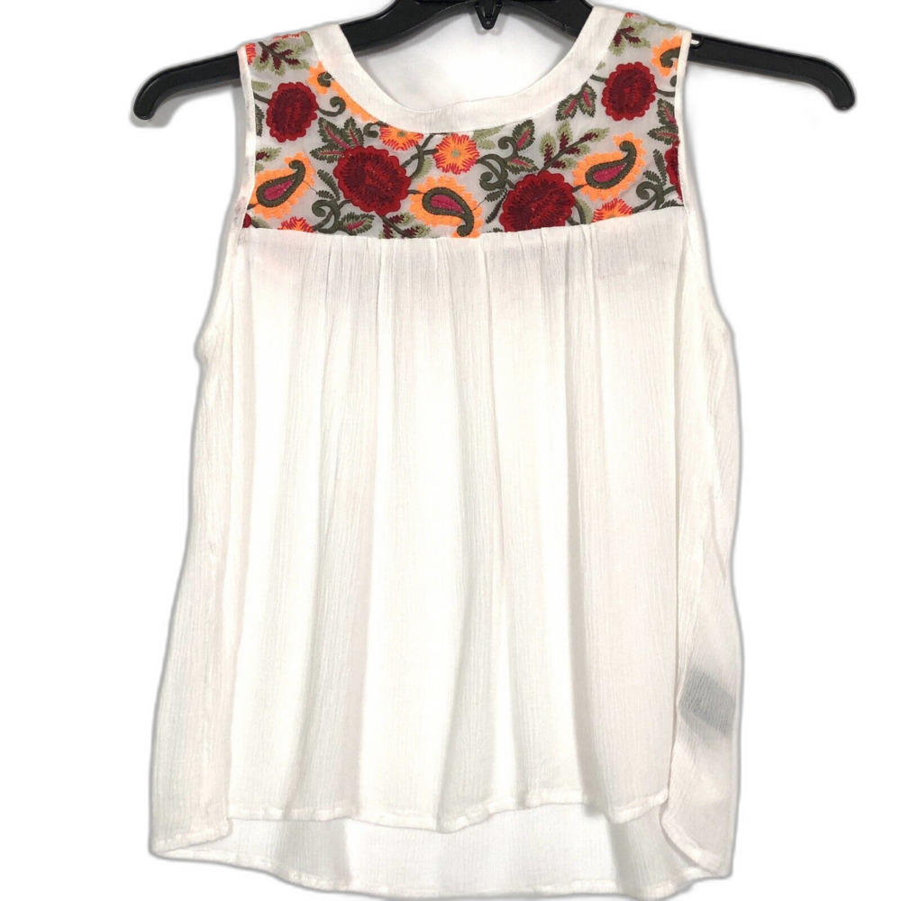 Cliche Women's Tank Blouse Size Small Ivory Floral Embroidery Boho Flowy